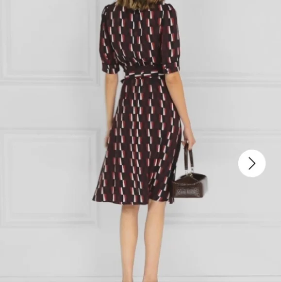 Cefinn Satin Midi Dress 14 Geometric Print V-Neck Waist Tie Work Office Classic - Picture 2 of 13